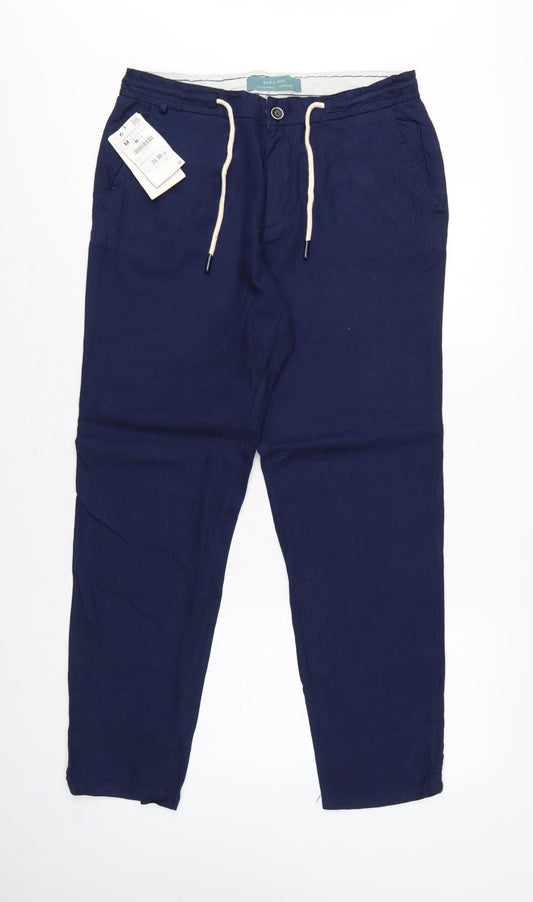 Zara Men Blue Linen Blend Drawstring Tapered Trousers Size M