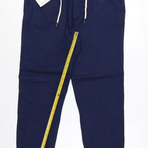 Zara Men Blue Linen Blend Drawstring Tapered Trousers Size M