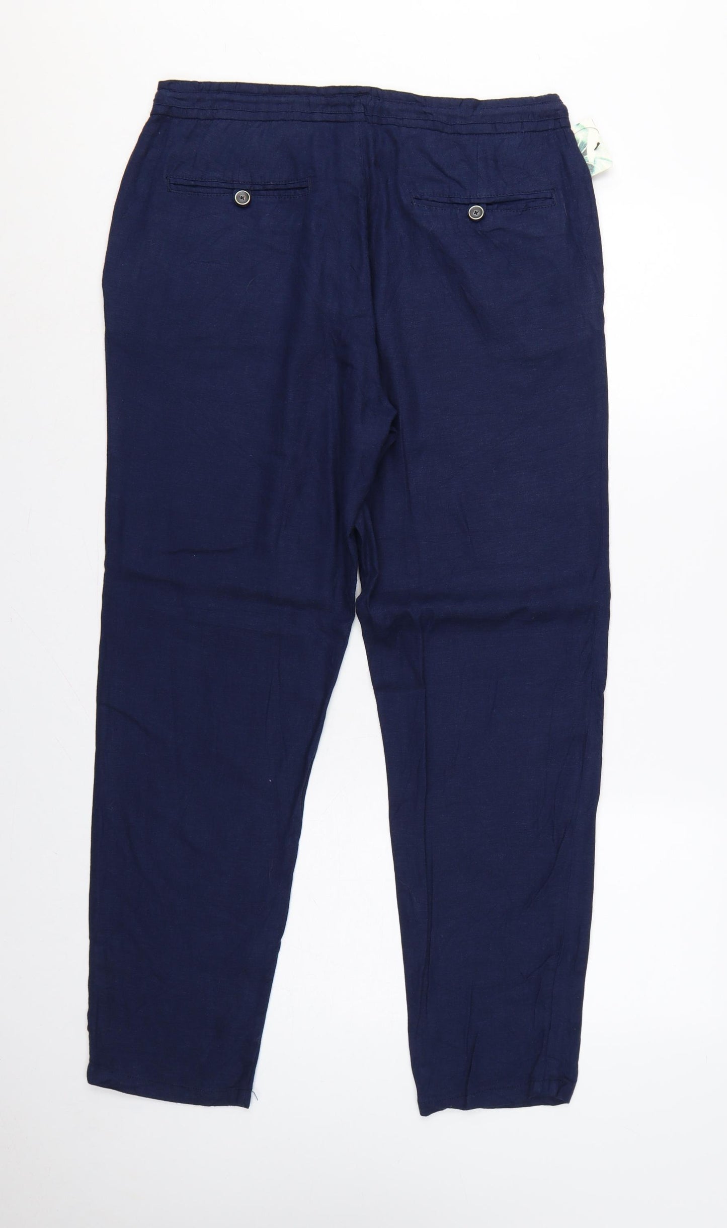Zara Men Blue Linen Blend Drawstring Tapered Trousers Size M