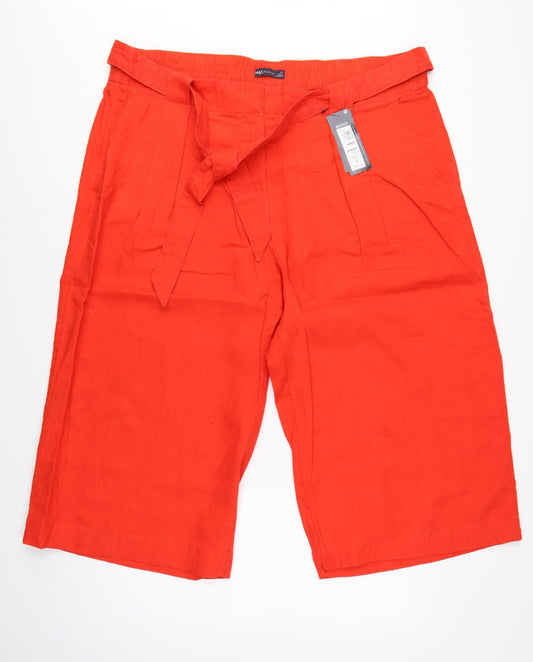 Marks & Spencer Women Orange UK 24 Linen Cropped Wide-Leg Trousers
