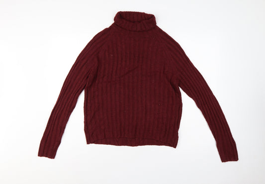 Monki Women Red Ribbed Roll Neck Jumper UK 12 Long Sleeve Knit