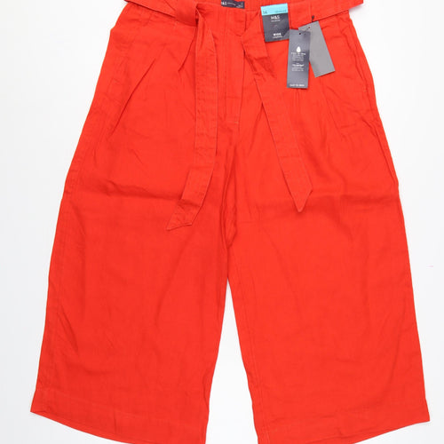 Marks and Spencer Women Orange UK 14 Wide Leg Cropped Linen Trousers Belt