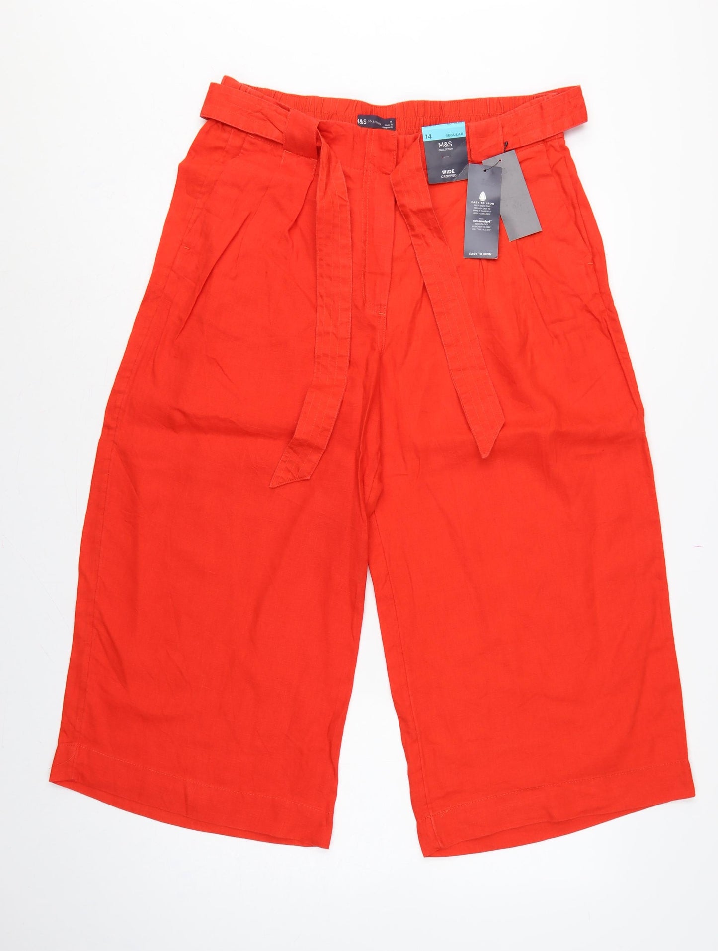 Marks and Spencer Women Orange UK 14 Wide Leg Cropped Linen Trousers Belt