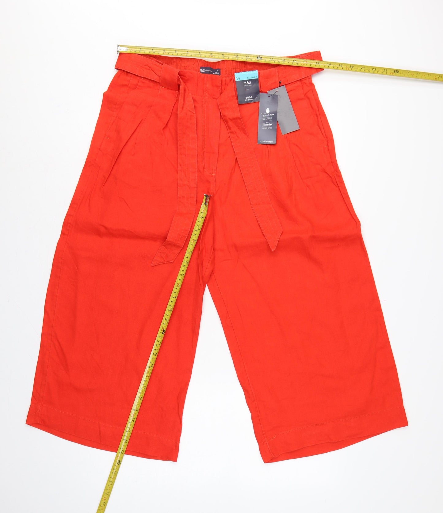 Marks and Spencer Women Orange UK 14 Wide Leg Cropped Linen Trousers Belt