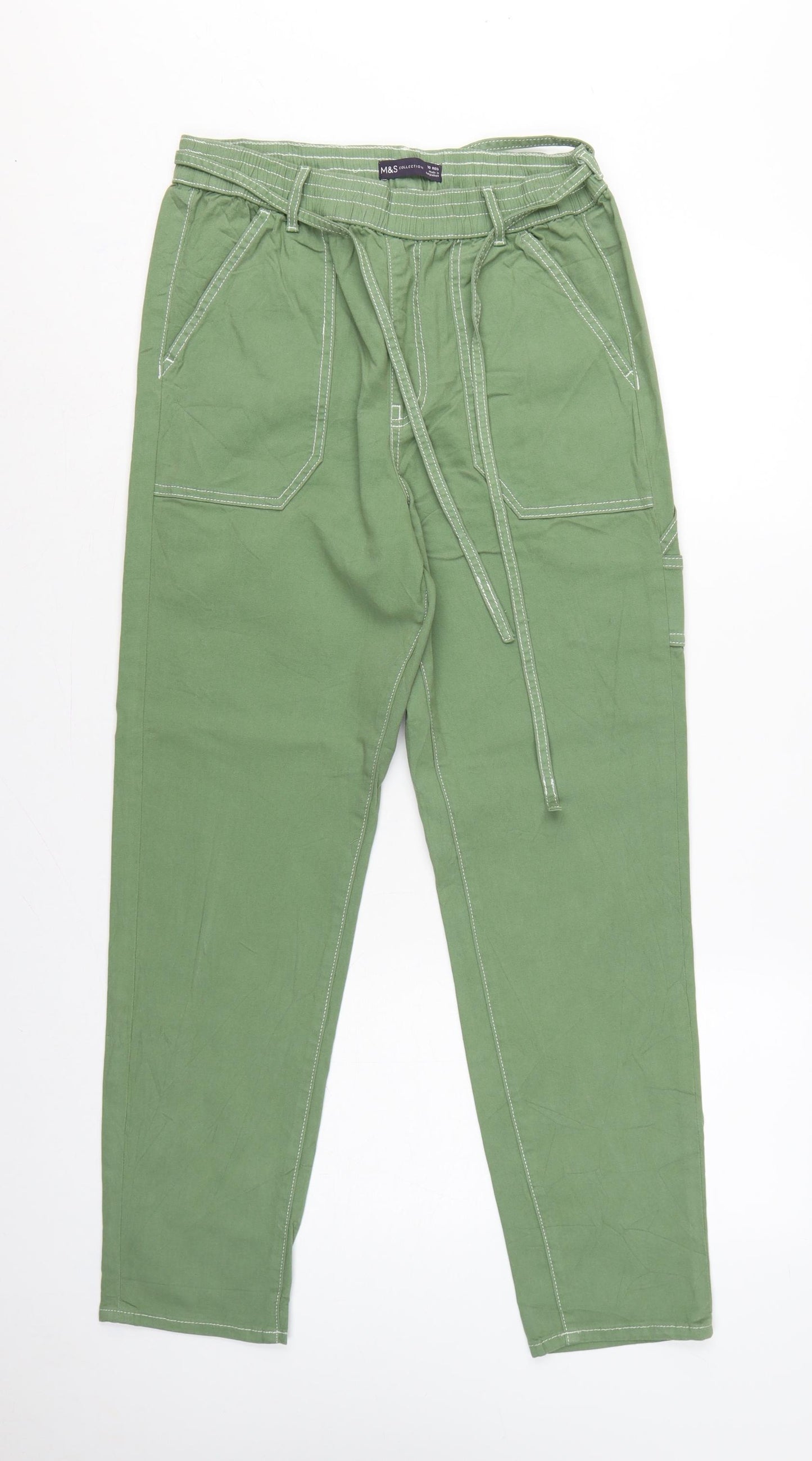 Marks and Spencer Women Green UK 10 Cargo Tapered Belted Trousers
