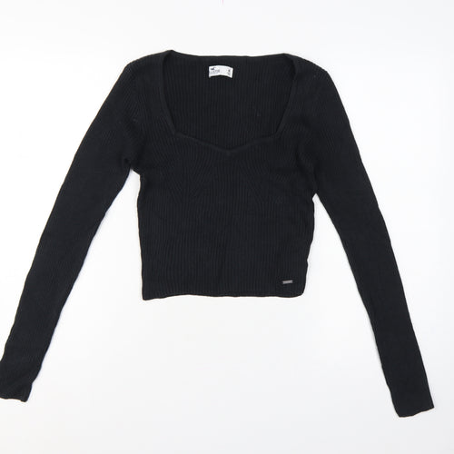 Hollister Women Black M Square Neck Rib Knit Slim Pullover Jumper