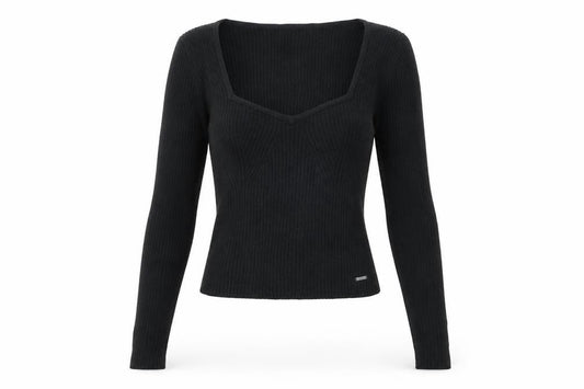 Hollister Women Black M Square Neck Rib Knit Slim Pullover Jumper