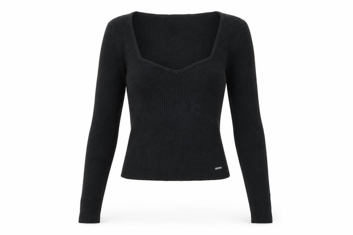 Hollister Women Black M Square Neck Rib Knit Slim Pullover Jumper