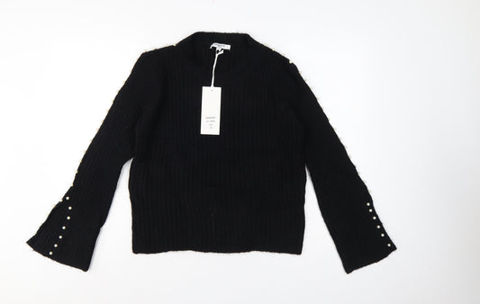 Sweewe Paris Women Black M Pullover Pearl Flared Sleeve Rib Knit Jumper