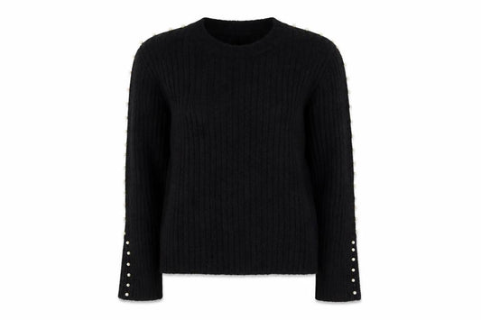 Sweewe Paris Women Black M Pullover Pearl Flared Sleeve Rib Knit Jumper
