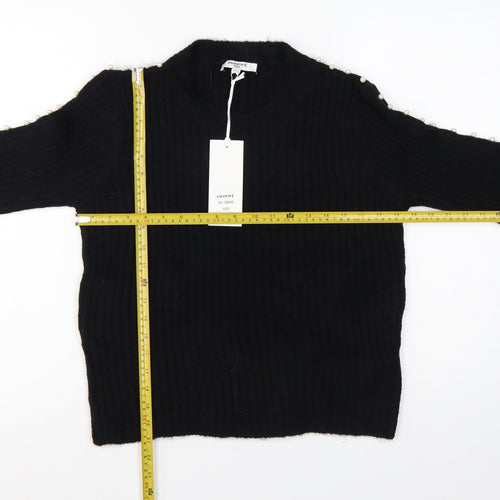 Sweewe Paris Women Black M Pullover Pearl Flared Sleeve Rib Knit Jumper