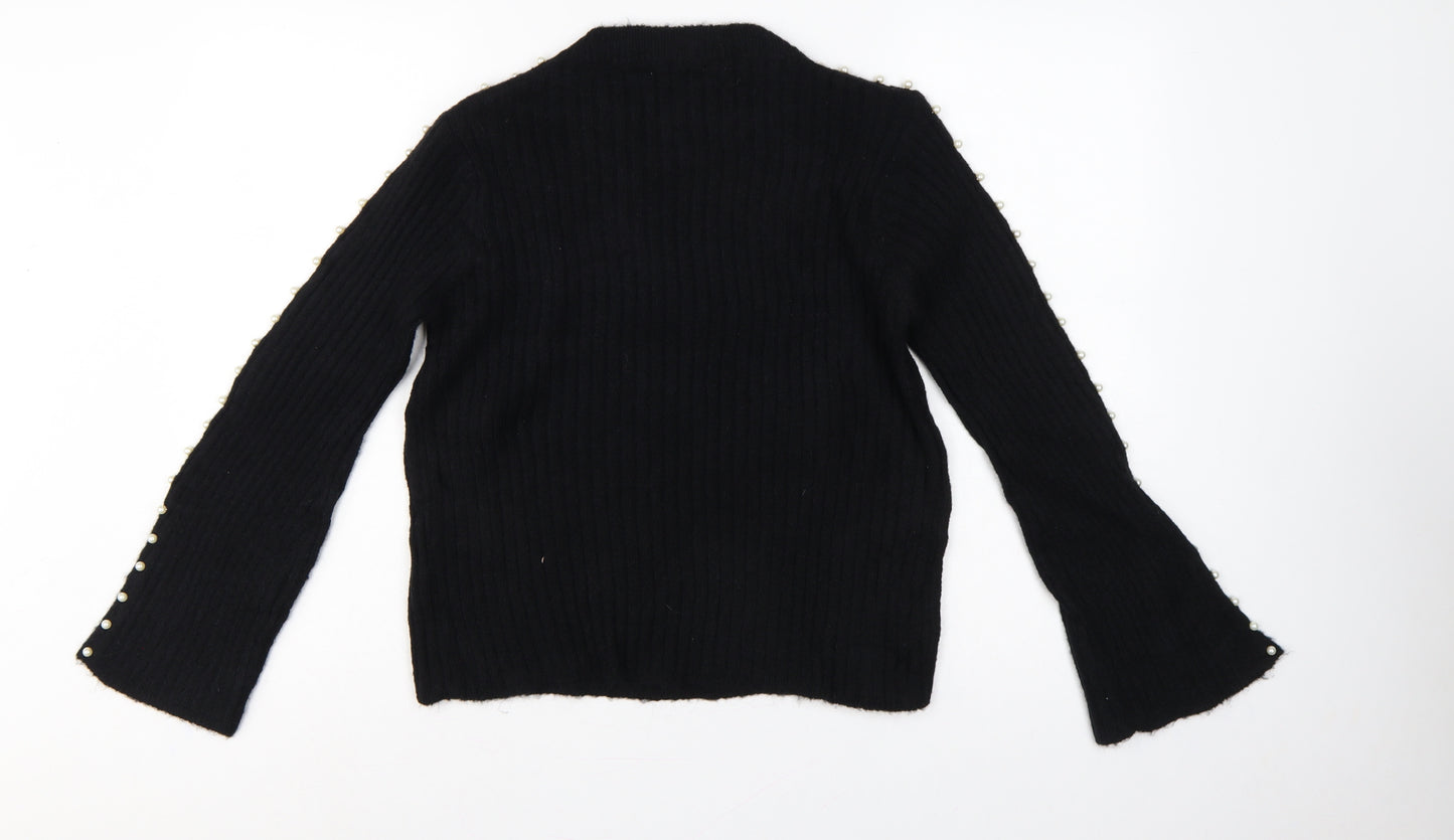 Sweewe Paris Women Black M Pullover Pearl Flared Sleeve Rib Knit Jumper
