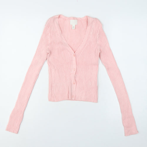 H&M Women Pink Size 8 Rib Knit V-Neck Button Cardigan