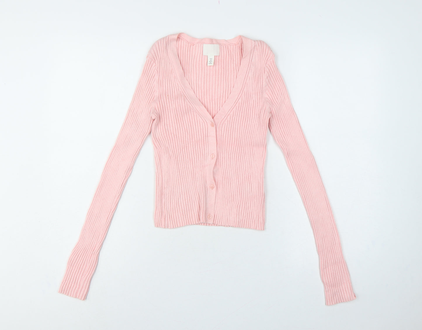 H&M Women Pink Size 8 Rib Knit V-Neck Button Cardigan
