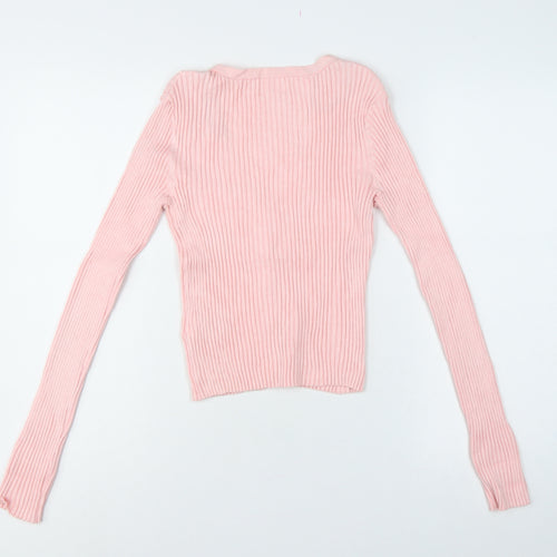 H&M Women Pink Size 8 Rib Knit V-Neck Button Cardigan