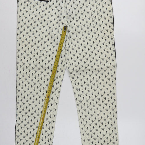 Stradivarius Women Ivory UK 10 Slim Straight Floral Zip Trousers
