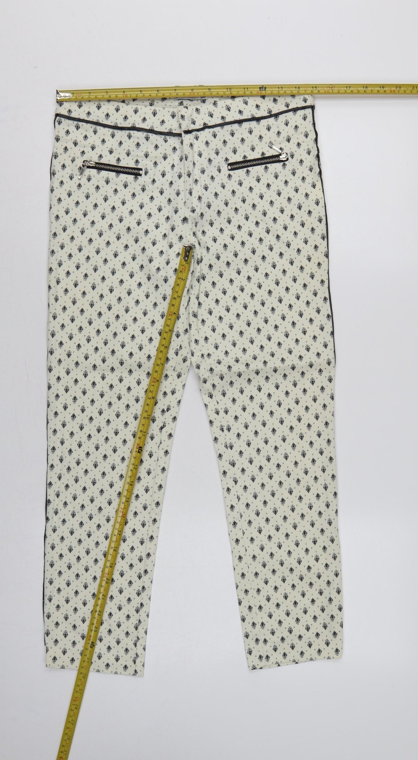 Stradivarius Women Ivory UK 10 Slim Straight Floral Zip Trousers