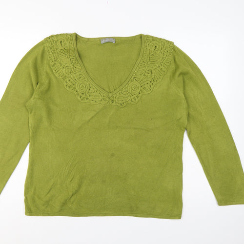 Per Una Women Green Size 18 V-Neck Knit Pullover Crochet Trim