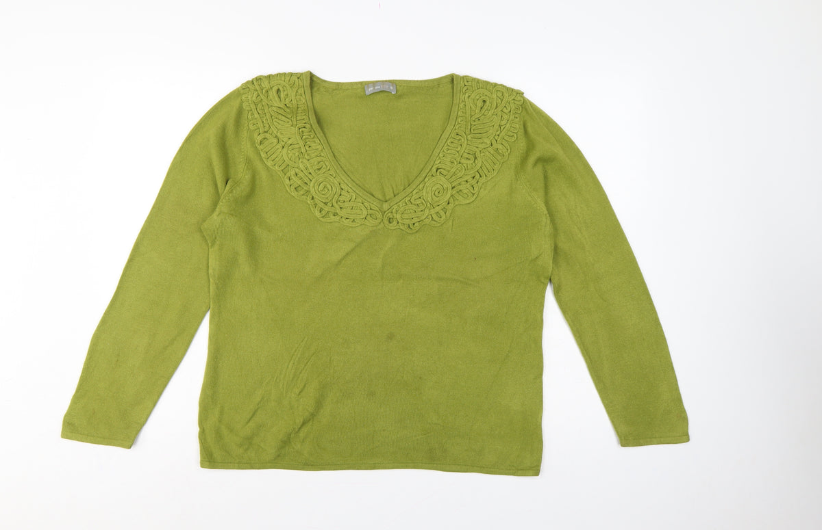 Per Una Women Green Size 18 V-Neck Knit Pullover Crochet Trim
