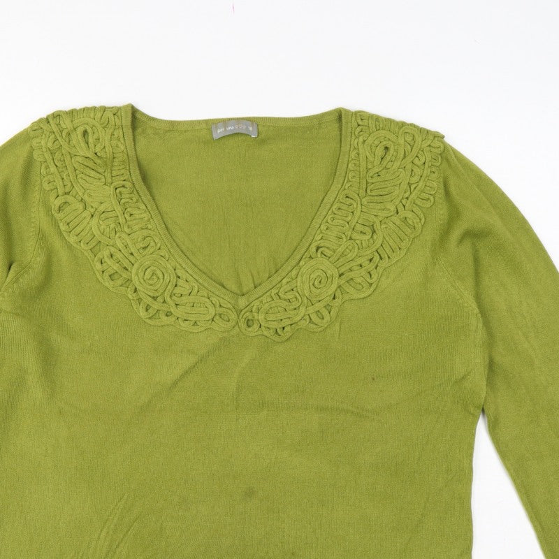 Per Una Women Green Size 18 V-Neck Knit Pullover Crochet Trim
