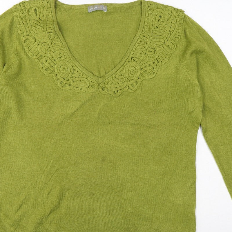 Per Una Women Green Size 18 V-Neck Knit Pullover Crochet Trim