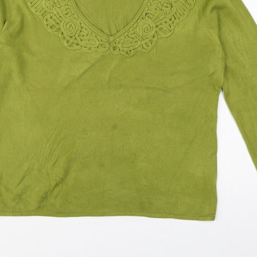 Per Una Women Green Size 18 V-Neck Knit Pullover Crochet Trim