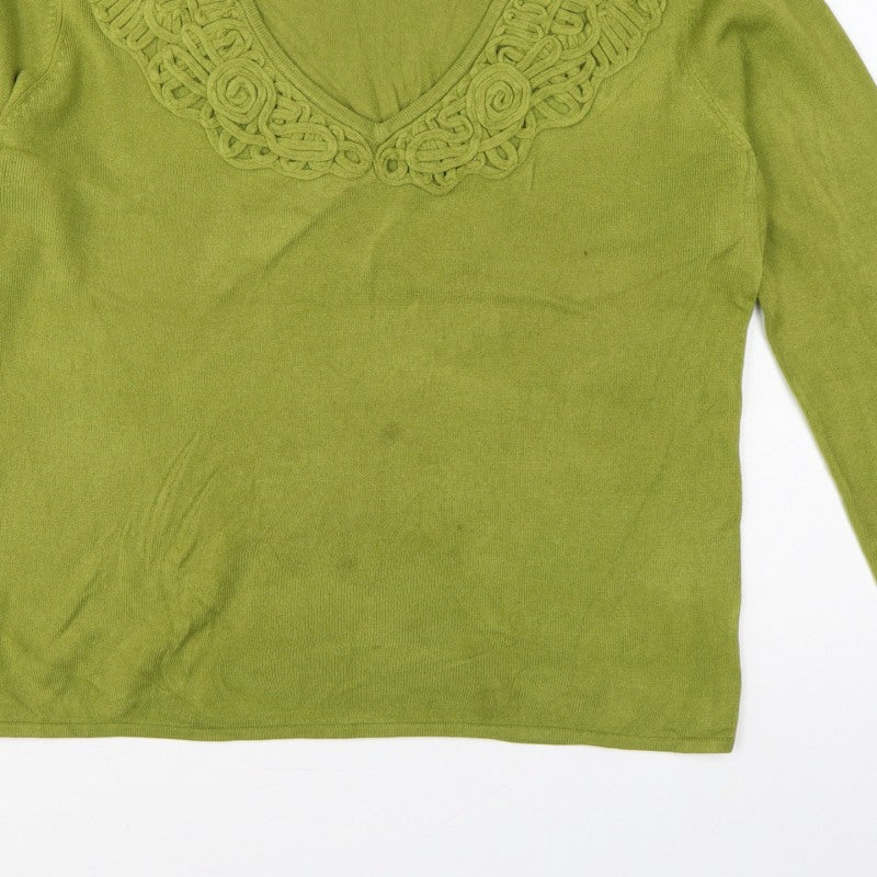 Per Una Women Green Size 18 V-Neck Knit Pullover Crochet Trim