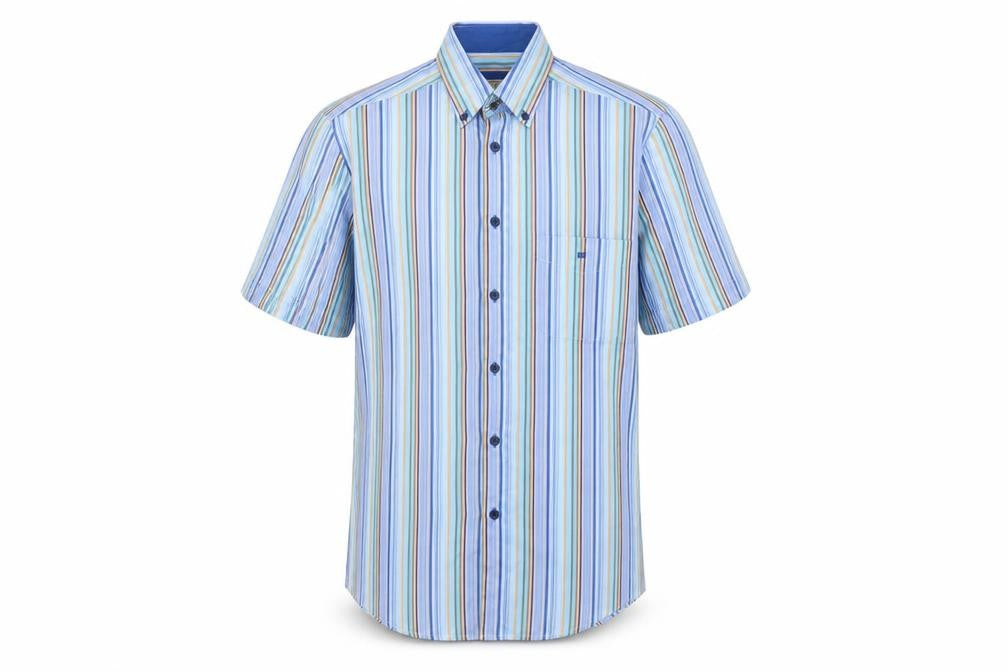 Front view of Daniel Grahame Drifter Men’s Blue Multicoloured Stripe Shirt M