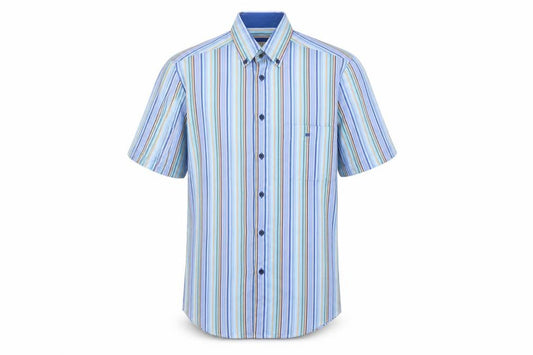 Front view of Daniel Grahame Drifter Men’s Blue Multicoloured Stripe Shirt M