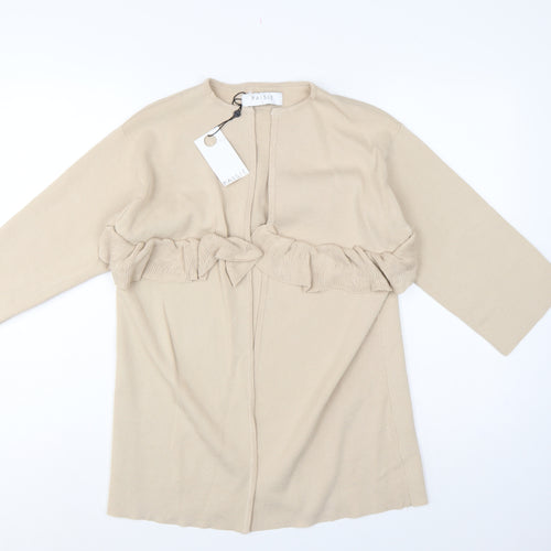 Paisie Women Beige L Open Ruffle Longline Viscose Cardigan