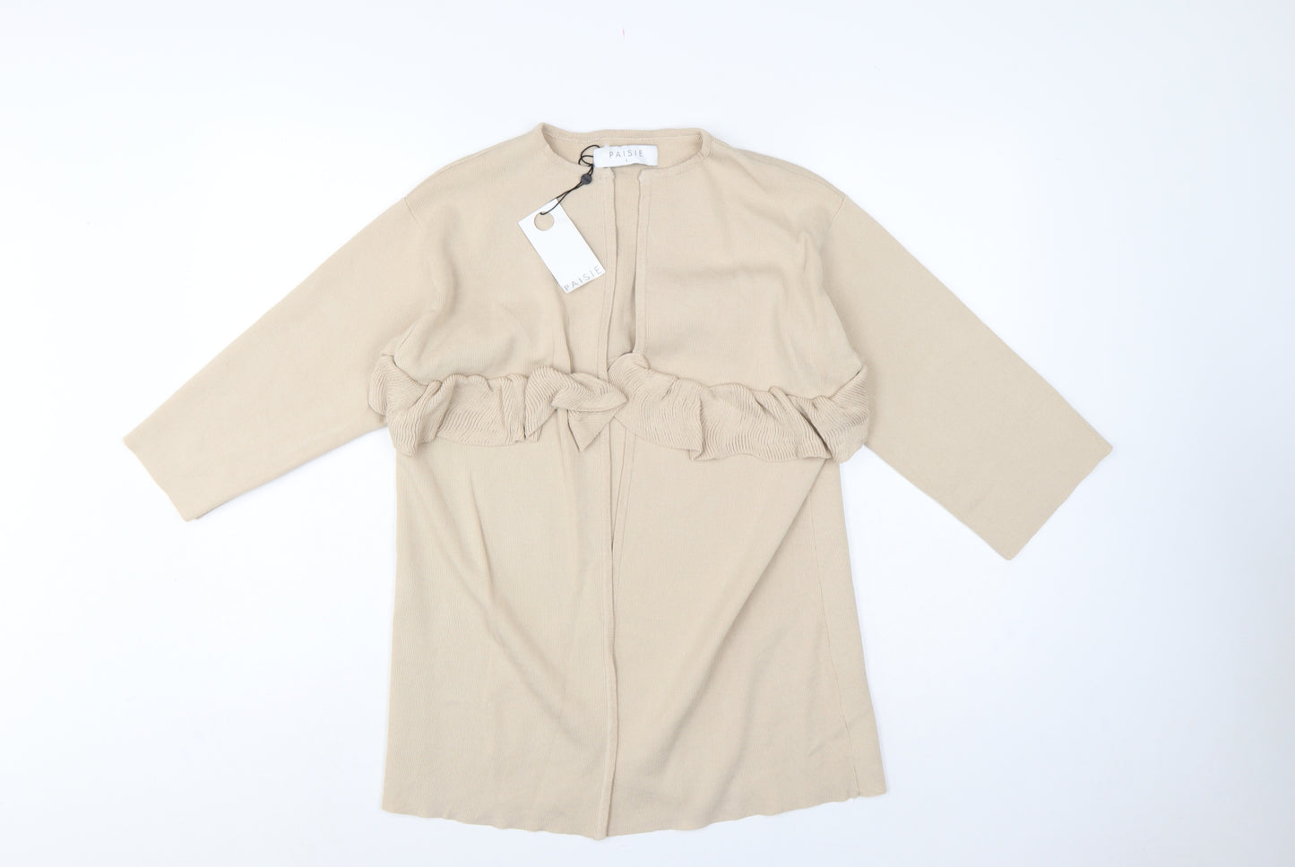 Paisie Women Beige L Open Ruffle Longline Viscose Cardigan