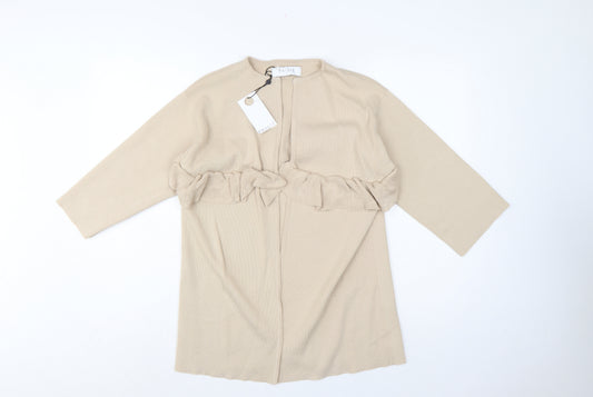 Paisie Women Beige L Open Ruffle Longline Viscose Cardigan
