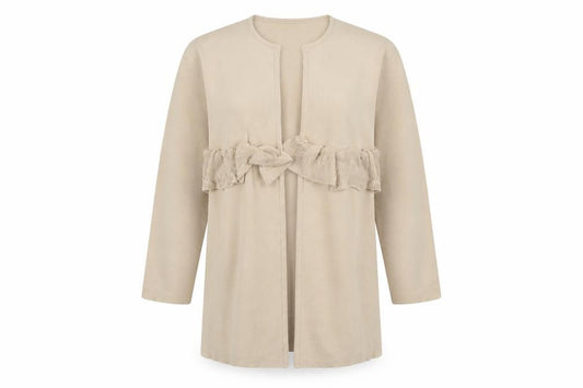 Paisie Women Beige L Open Ruffle Longline Viscose Cardigan