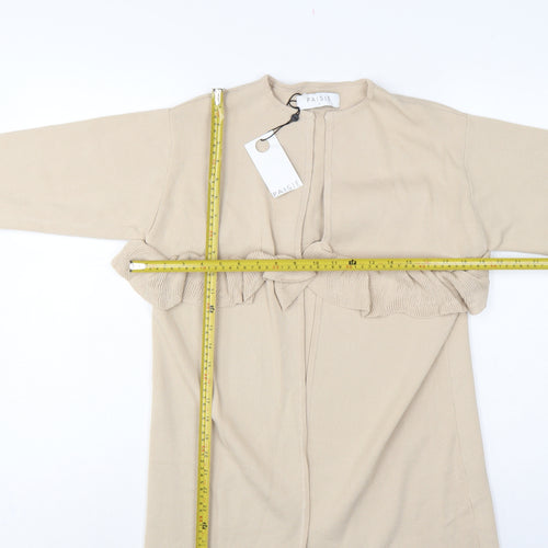 Paisie Women Beige L Open Ruffle Longline Viscose Cardigan