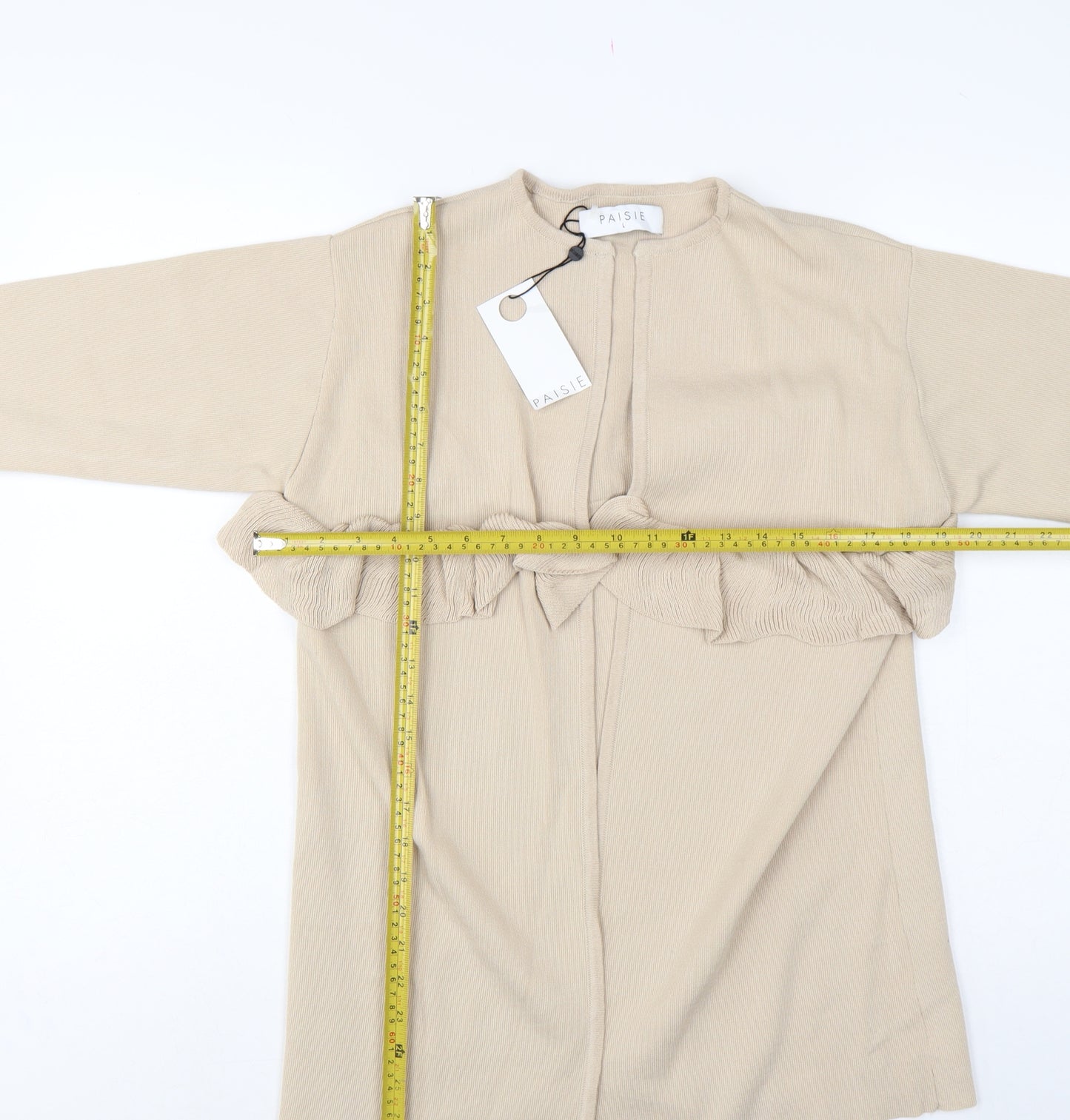 Paisie Women Beige L Open Ruffle Longline Viscose Cardigan