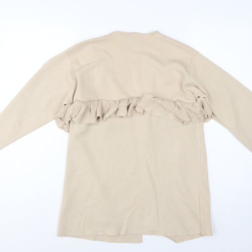 Paisie Women Beige L Open Ruffle Longline Viscose Cardigan