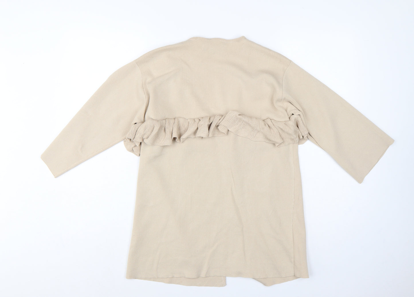 Paisie Women Beige L Open Ruffle Longline Viscose Cardigan