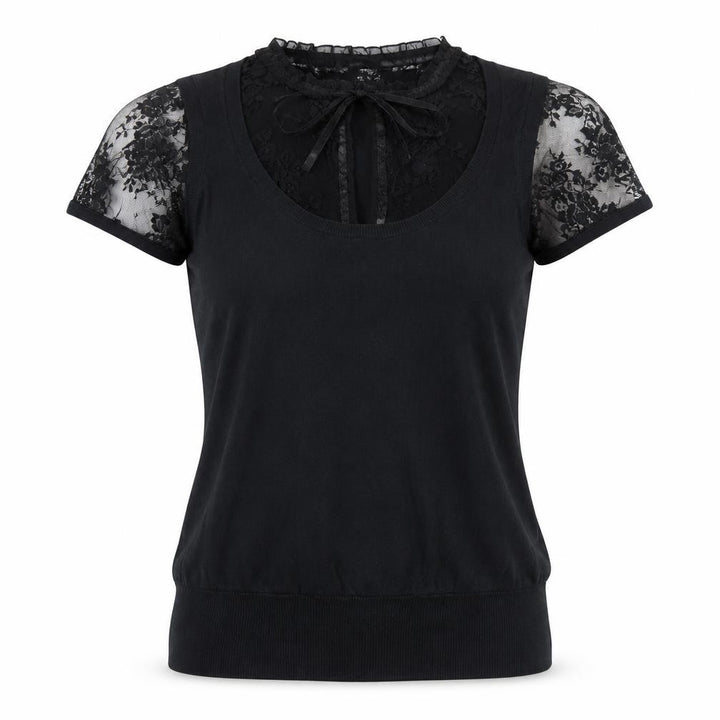 Oasis Women Black UK 12 Knit Lace Cap Sleeve Tie Neck Top