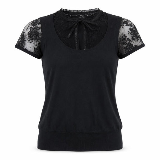 Oasis Women Black UK 12 Knit Lace Cap Sleeve Tie Neck Top