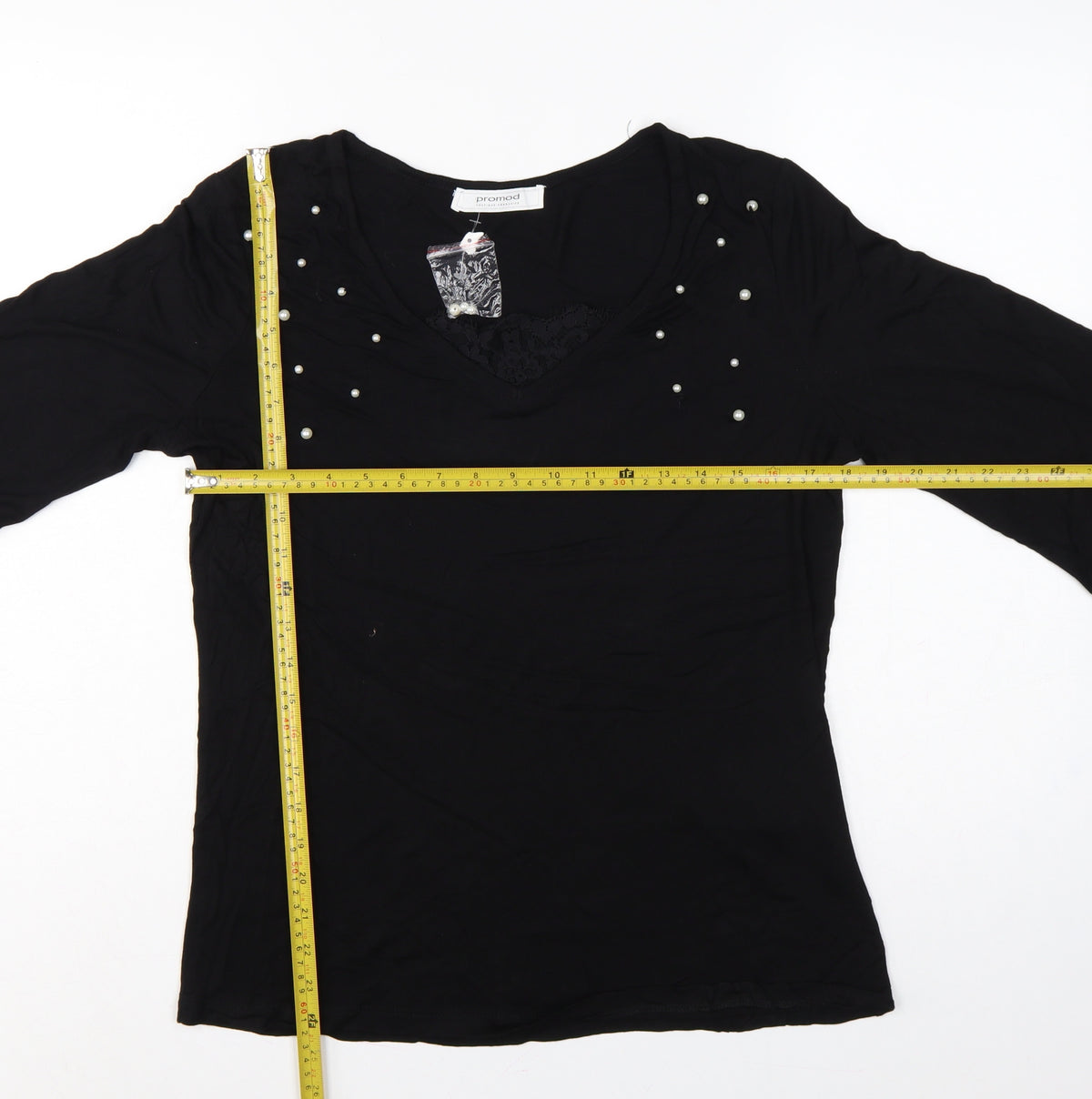 Close-up detail of Promod Women Black L Basic Pearl V-Neck Bell Sleeve Blouse