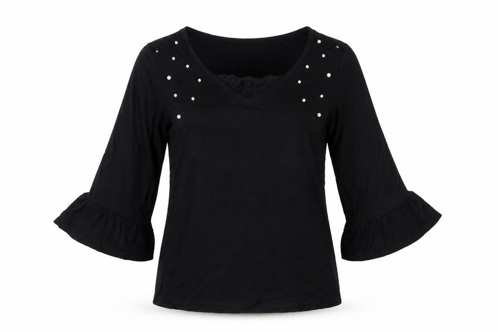 Front view of Promod Women Black L Basic Pearl V-Neck Bell Sleeve Blouse