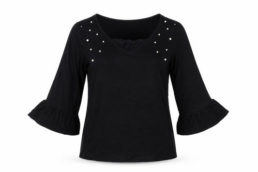 Promod Women Black L Basic Pearl V-Neck Bell Sleeve Blouse