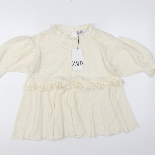 Zara Women Ivory UK 12 Ruffle Lace Knit Puff Sleeve Tunic Jumper
