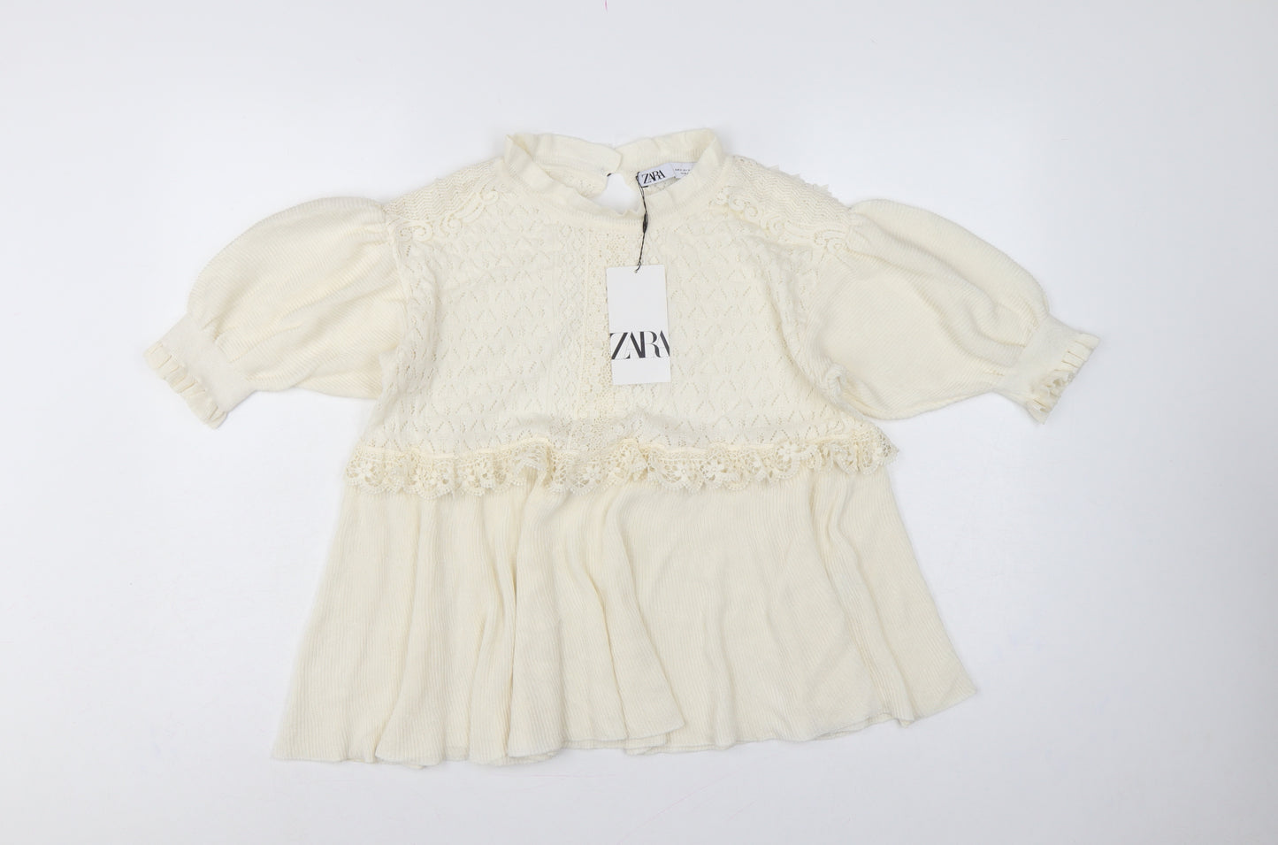 Zara Women Ivory UK 12 Ruffle Lace Knit Puff Sleeve Tunic Jumper