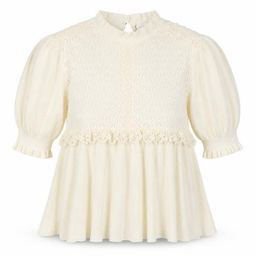 Zara Women Ivory UK 12 Ruffle Lace Knit Puff Sleeve Tunic Jumper