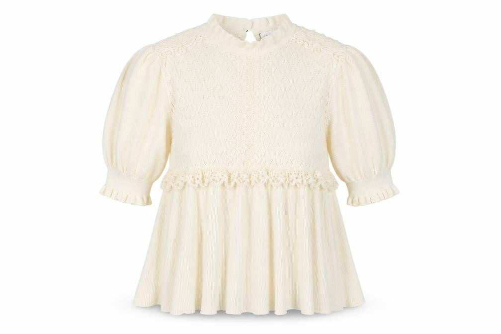 Zara Women Ivory UK 12 Ruffle Lace Knit Puff Sleeve Tunic Jumper