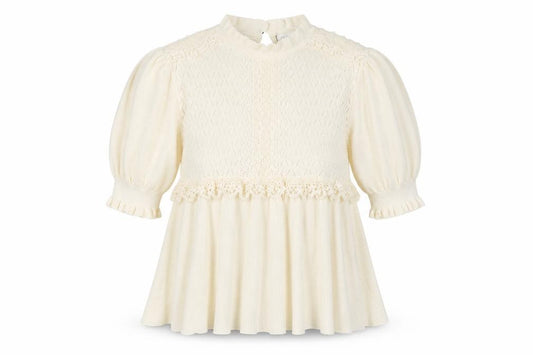 Zara Women Ivory UK 12 Ruffle Lace Knit Puff Sleeve Tunic Jumper