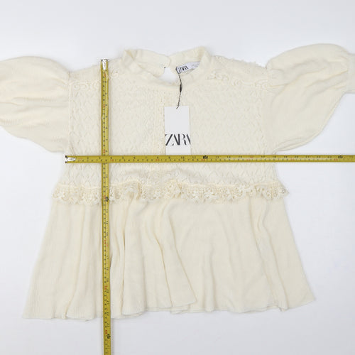 Zara Women Ivory UK 12 Ruffle Lace Knit Puff Sleeve Tunic Jumper
