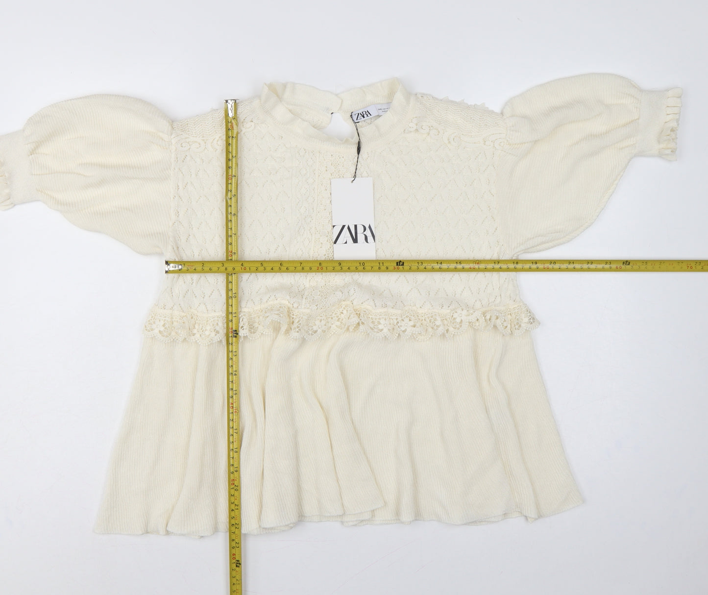 Zara Women Ivory UK 12 Ruffle Lace Knit Puff Sleeve Tunic Jumper