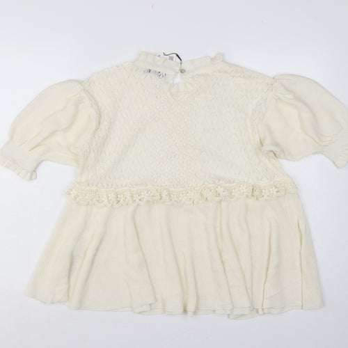 Zara Women Ivory UK 12 Ruffle Lace Knit Puff Sleeve Tunic Jumper